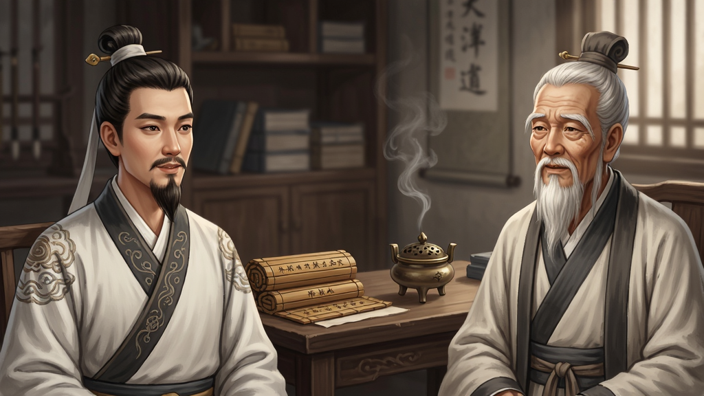 了凡录剧情对话场景,画面左侧为玩家角色半身像,右侧为NPC老者形象,背景为古色古香的书房,桌上摆放竹简与香炉,布局采用左右对话式排版,风格为国风写实,细节上刻画人物表情、服饰纹样与室内陈设,画质柔和清晰,干净整洁,无多余元素