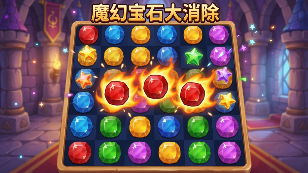 画面展示一个6x8的宝石棋盘,棋盘上分布着红蓝绿黄紫五色宝石,其中三颗红色宝石正在消除并爆发出火焰特效,周围有星星粒子飞溅,背景是魔法城堡内部,风格为卡通奇幻3D,画质高清,干净无多余元素,画面中带有文字