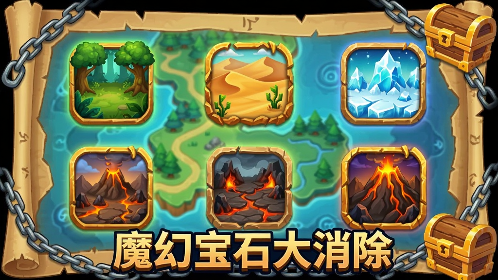 画面展示多个关卡图标排列在魔法地图上,每个图标代表不同地形如森林、沙漠、冰原、火山,地图边缘有锁链和宝箱装饰,风格为奇幻卡通,画质高清,干净无多余元素,画面中带有文字