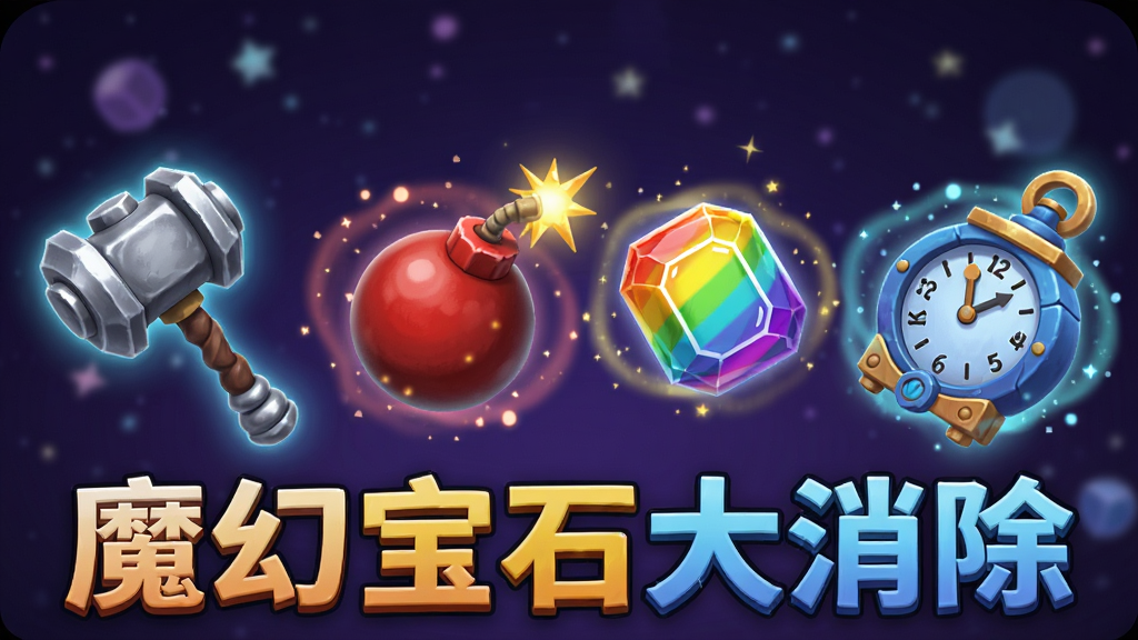 画面展示四种魔法道具悬浮在空中,分别是银色锤子、红色炸弹、彩虹色宝石和蓝色时钟,道具周围有魔法光效环绕,背景是深紫色星空,风格为奇幻卡通3D,画质高清,干净无多余元素,画面中带有文字