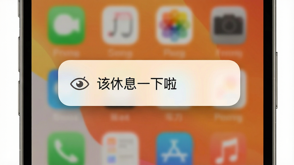 一张护眼宝休息提醒功能的界面截图,画面中央是手机屏幕弹出休息提醒通知,通知内容显示“该休息一下啦”并配有眼睛图标,背景为手机桌面,布局简洁,风格温馨,细节上通知卡片有柔和阴影和圆角设计,画质高清,干净无多余元素。