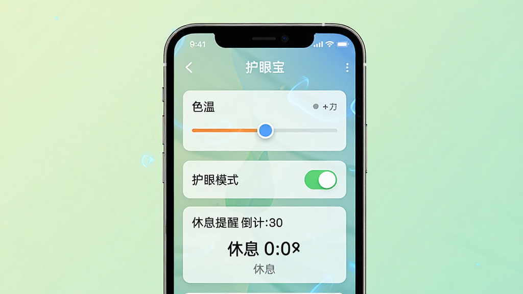 一张手机屏幕显示护眼宝软件界面的图片,画面中央是手机正面,屏幕中展示护眼宝主界面,包含色温调节滑块、护眼模式开关、休息提醒倒计时等元素,背景为柔和的淡绿色渐变,整体布局简洁清晰,风格清新自然,细节上屏幕有轻微蓝光过滤效果示意,画质高清,干净无多余元素。