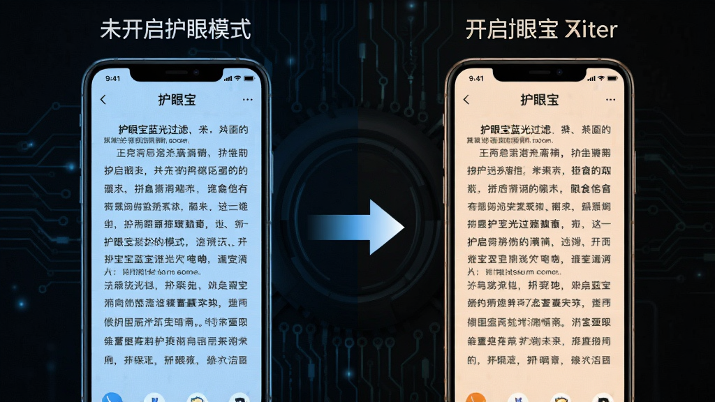一张展示护眼宝蓝光过滤功能的示意图,画面左侧是未开启护眼模式的手机屏幕,色彩偏冷偏蓝,右侧是开启护眼宝后的手机屏幕,色彩温暖柔和,中间用箭头连接表示切换效果,背景为深色科技风格,布局左右对比鲜明,风格简洁直观,细节上屏幕内容为文字阅读界面,画质高清,干净无多余元素。