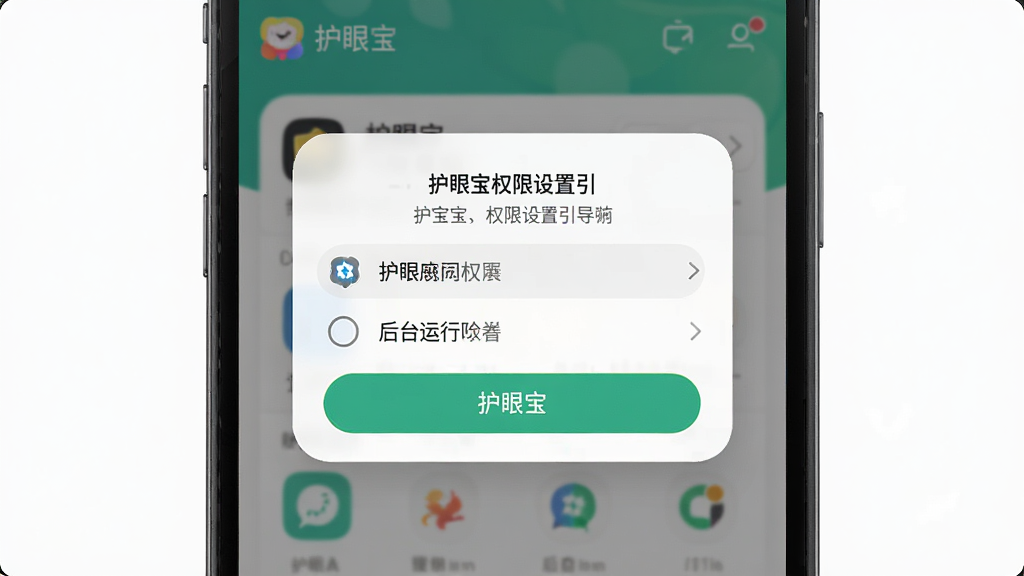 一张护眼宝权限设置引导页面的图片,画面展示手机屏幕上的权限申请弹窗,包含悬浮窗权限和后台运行权限选项,背景为护眼宝应用界面,布局清晰,风格简洁,细节上弹窗有高亮按钮,画质高清,干净无多余元素。