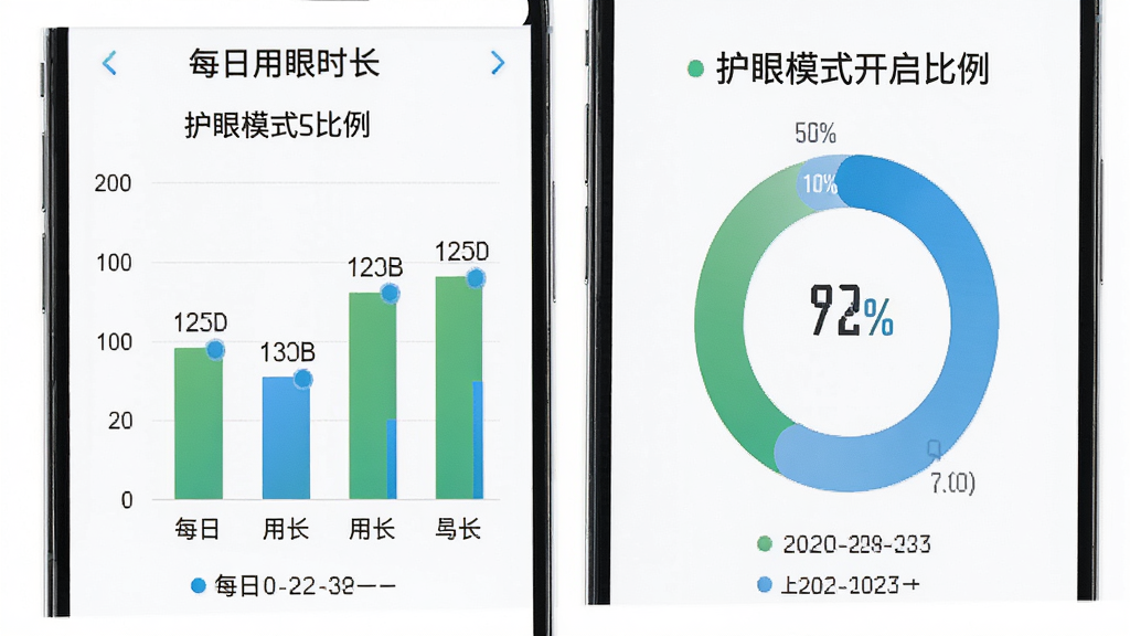 一张护眼宝数据统计页面的示意图,画面展示手机屏幕上的柱状图和环形图,图表显示每日用眼时长和护眼模式开启比例,配色以绿色和蓝色为主,背景为白色,布局清晰,风格商务简洁,细节上图表有数据标签和日期标注,画质高清,干净无多余元素。