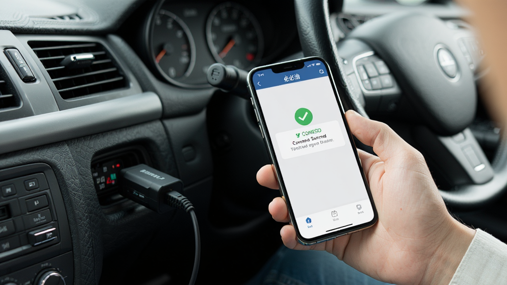 һ��չʾ�����ڳ���ʹ���ֻ�����OBD���������г������ĳ���ͼ������Ϊ��ʻԱ�ֳ��ֻ��鿴������APP���棬����Ϊ�����ӽǣ��ֻ���Ļ�����ɼ������Ϊ����дʵ�磬ϸ�ڰ���OBD����������ӿڡ��ֻ���Ļ�ϵ����ӳɹ���ʾ�����ʸ��壬�ɾ����޶���Ԫ��