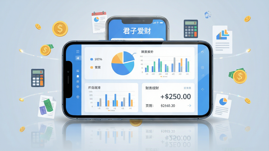 一张横版手机应用界面展示图,画面中心是一部现代智能手机,屏幕显示蓝白色调的财务记账仪表盘界面,包含饼状图、柱状图与数字金额,手机周围环绕金币、计算器、报表等简约扁平化图标,布局采用居中对称构图,风格为清爽商务科技风,细节上手机有轻微阴影和反光质感,画质高清干净,背景为浅灰蓝色渐变,无多余元素,图片中文字标注为“君子爱财”