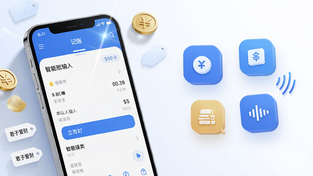 一张横版功能展示图,画面中左侧是一部手机显示记账输入界面,右侧是悬浮的智能分类图标和语音波纹符号,布局采用左右对比结构,风格为简约科技蓝白配色,细节上手机屏幕有高光反射,周围点缀金币与标签元素,画质高清干净,图片中文字标注为“君子爱财”