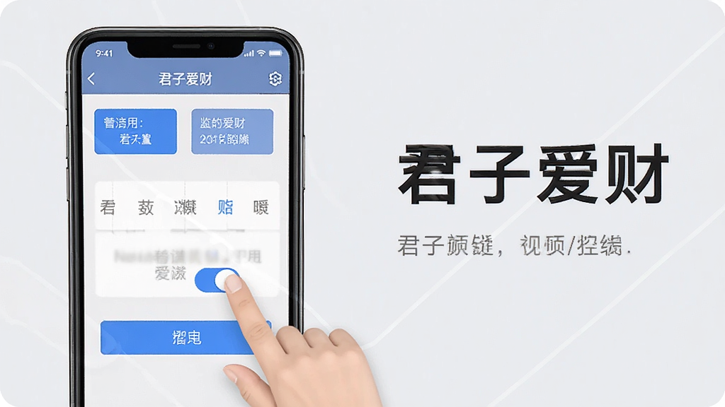 一张横版手机操作指引图,画面中一部手机显示君子爱财设置界面,旁边有手指点击手势密码开关的示意,布局采用左机右文结构,风格为简洁明快的生活化风格,细节上手机屏幕有清晰的功能分区与蓝色高亮按钮,背景为淡灰色,画质高清干净,图片中文字标注为“君子爱财”
