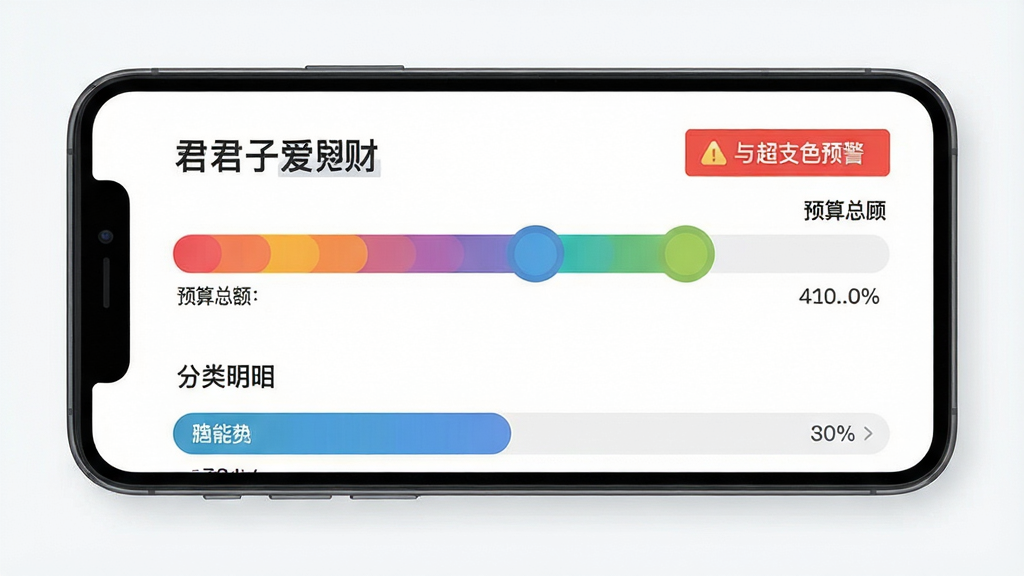 一张横版界面示意图,画面主体为手机屏幕显示彩色预算进度条与超支红色预警提示,布局采用上下分层结构,上方为预算总额下方为分类明细,风格为扁平化商务风,细节上进度条有渐变色彩与百分比数字,背景干净整洁,画质清晰,图片中文字标注为“君子爱财”