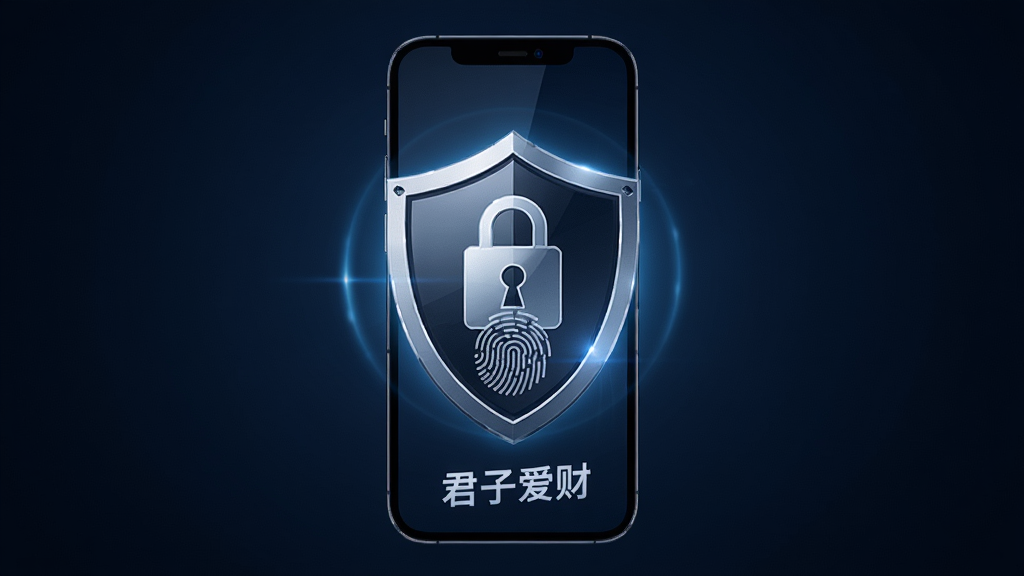 一张横版安全概念图,画面中央是一部手机屏幕显示盾牌锁形图标与指纹识别图案,布局采用中心聚焦构图,风格为沉稳深蓝色科技风,细节上盾牌有金属质感与光晕效果,背景为暗色渐变,画质高清干净,图片中文字标注为“君子爱财”