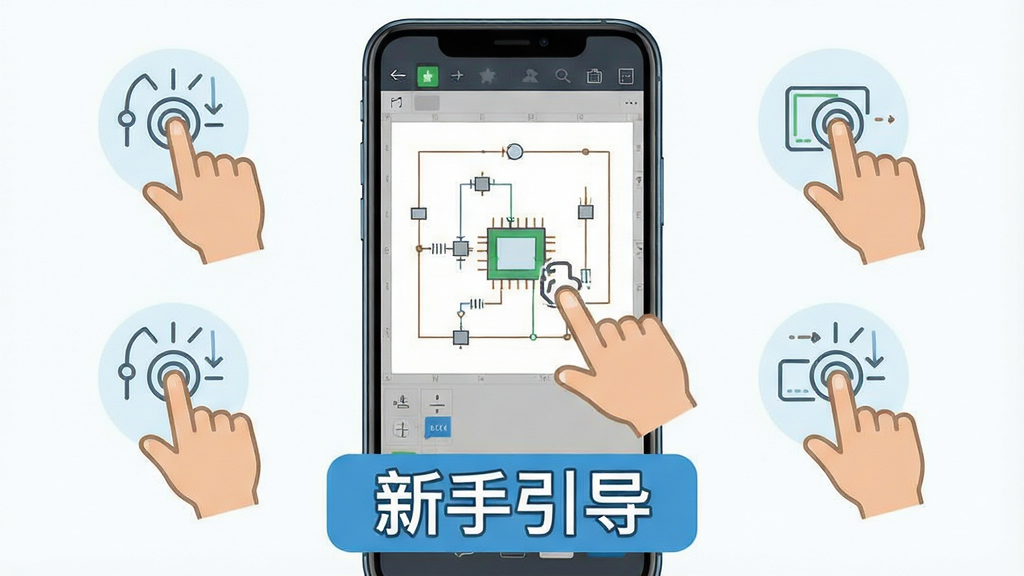 一张展示EDA软件新手操作指引的图片,画面中央是手机屏幕,屏幕上显示着电路绘制界面,屏幕旁边有手指点击的示意图标,画面下方有“新手引导”文字标签,整体布局为手机加手势示意图的组合,风格为扁平化教学风,细节上突出操作步骤的直观性,画质清晰,干净,无多余元素