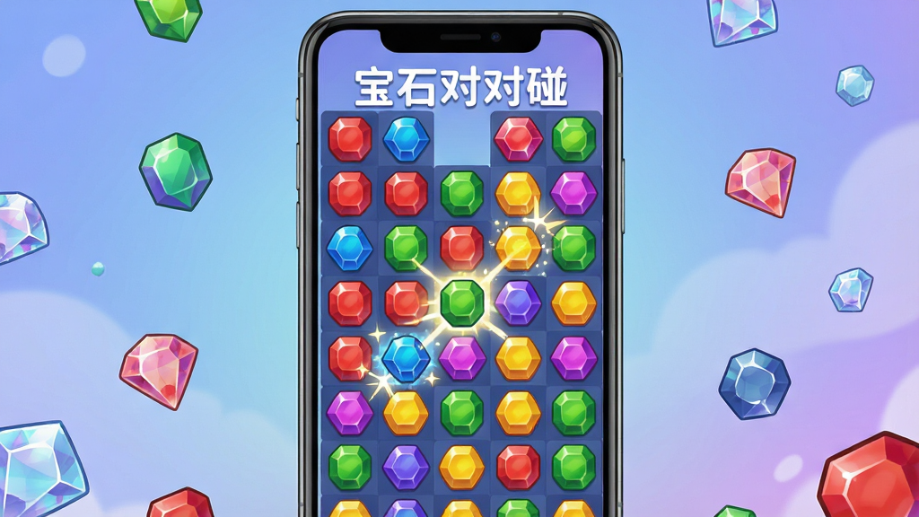 一幅明亮欢快的手机游戏场景图,画面中央是一部竖屏智能手机,屏幕上显示着色彩斑斓的宝石方格,红蓝绿黄紫各色宝石整齐排列,几个同色宝石正在闪烁消除特效,背景是柔和的渐变蓝紫色,周围散落着晶莹剔透的宝石装饰,整体风格清新卡通,画质干净清晰,无多余元素,屏幕上方用白色字体写着