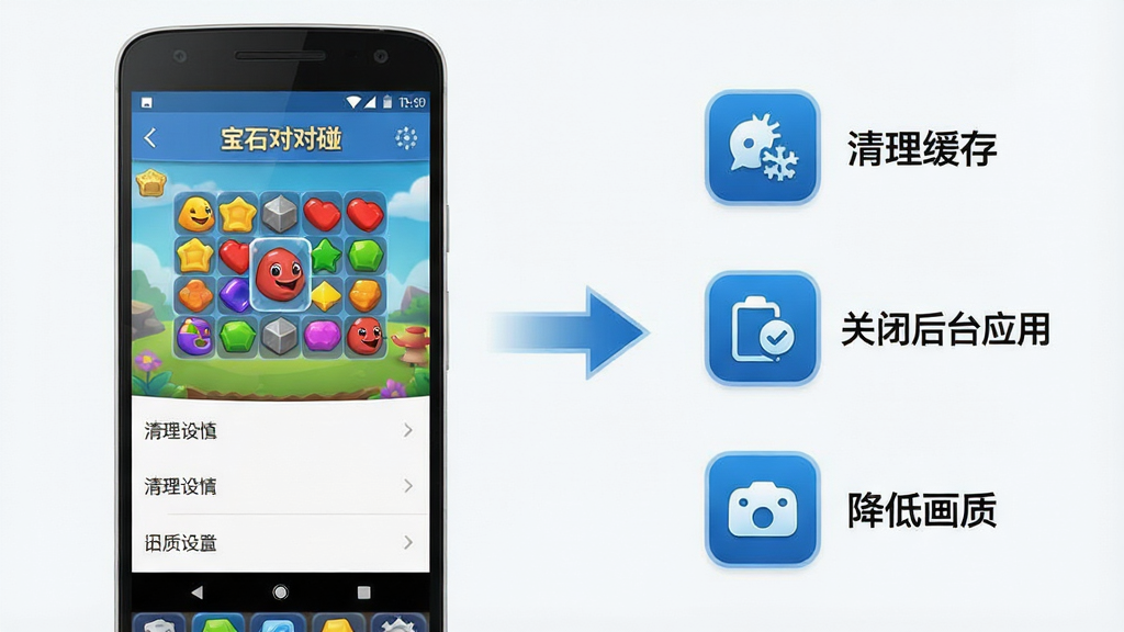 一张手机游戏运行优化示意图,画面左侧是一部安卓手机显示游戏设置界面,右侧是三个图标分别代表清理缓存、关闭后台应用、降低画质,中间用箭头连接,整体风格简洁科技感,配色为蓝白灰,画质干净清晰,手机屏幕上方显示