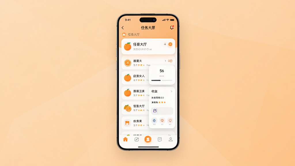 主体为一部智能手机正面竖屏展示橙子兼软件主界面,界面中包含任务大厅列表、收益概览卡片与底部导航栏,布局采用居中对称构图,手机悬浮在浅橙色渐变背景之上,风格为现代扁平化UI展示风格,细节包含圆角卡片、柔和投影、清晰图标与文字标签,画质为高清2K,干净无多余元素。