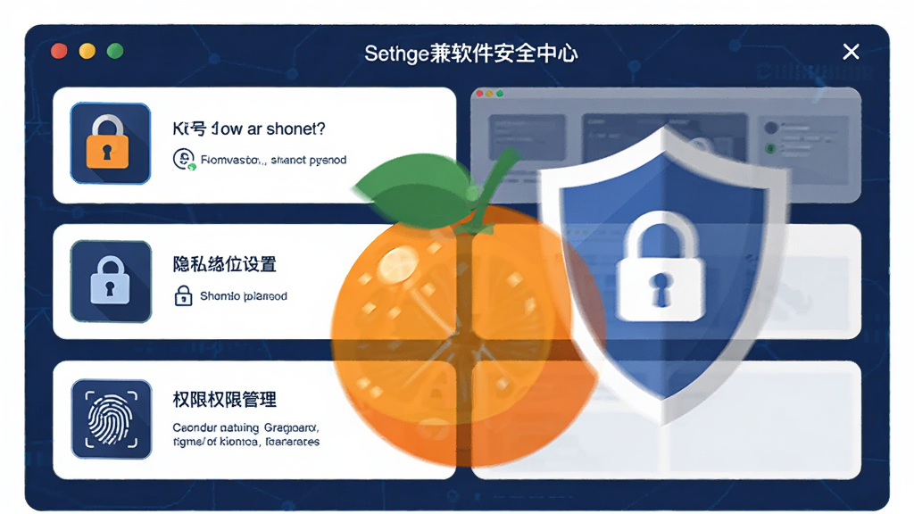 主体为橙子兼软件安全中心界面与盾牌图标组合,画面中展示账号保护、隐私设置与权限管理三个功能模块,布局为纵向排列卡片式,风格为深蓝色安全主题扁平插画,细节包含锁形图标、指纹识别图案与加密符号,画质高清,干净无多余元素。