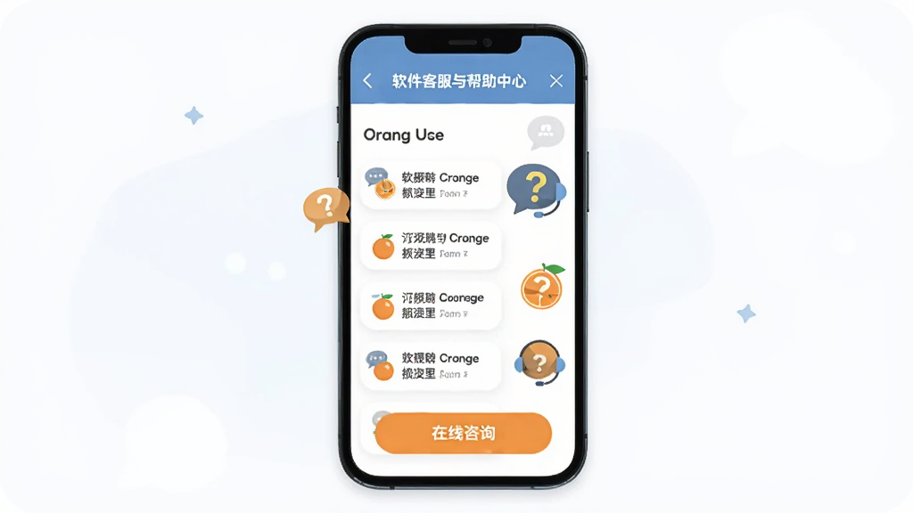 主体为橙子兼软件客服与帮助中心界面,画面中展示常见问题列表与在线咨询按钮,布局为手机屏幕居中加浅色背景,风格为友好亲切的扁平插画,细节包含对话气泡、问号图标与耳机符号,画质高清,干净无多余元素。
