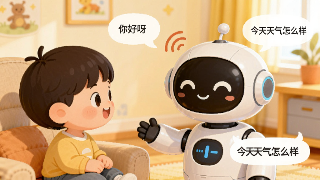 一张展示萌UU机器人正在与小朋友进行语音对话的场景图,画面主体为一个卡通风格的小朋友坐在沙发上对着萌UU机器人说话,机器人头部显示声波图标,布局为前景人物与机器人互动、背景为明亮的儿童房,风格为温暖插画风,细节包括对话气泡中显示“你好呀”“今天天气怎么样”等文字、机器人眼睛呈弯月形微笑状态,画质清晰,干净,无多余元素