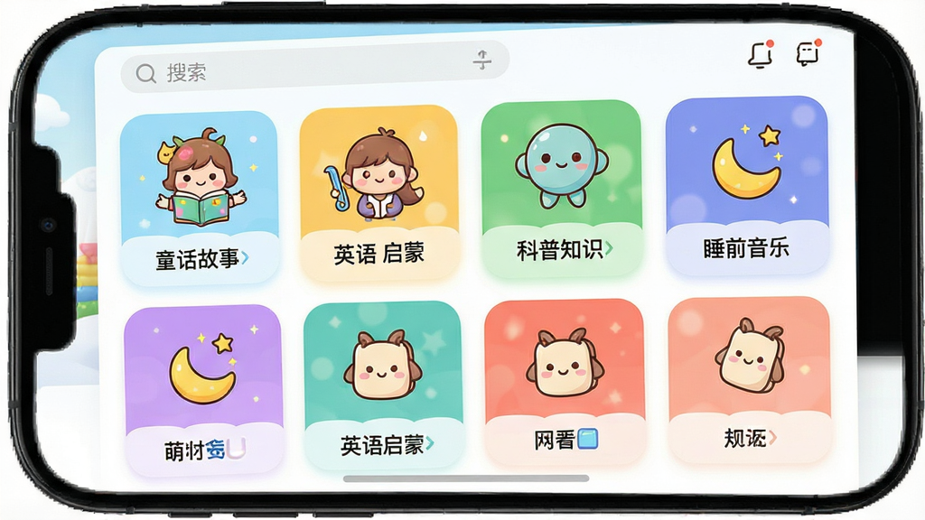一张展示萌UU App内容资源库界面的图片,画面为手机屏幕展示多个内容分类卡片,包括“童话故事”“英语启蒙”“科普知识”“睡前音乐”等,布局为网格状排列、每张卡片配有卡通图标,风格为清新明快的UI设计,细节包括顶部搜索栏、底部导航栏、卡片圆角柔和,画质高清,干净,无多余元素
