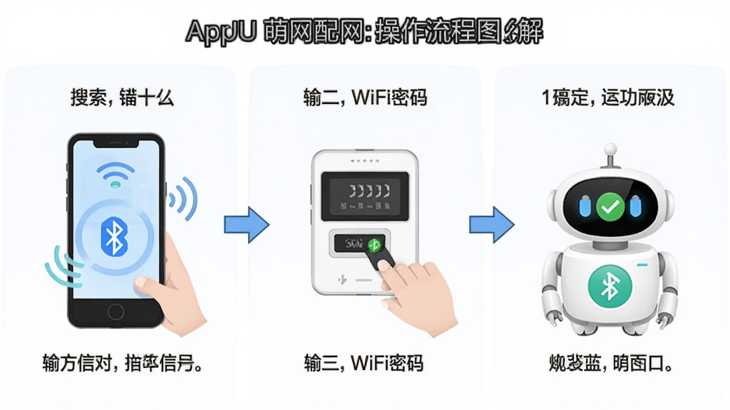 一张展示萌UU App配网操作流程的图解式图片,画面分为三个步骤面板,第一步为手机搜索到机器人蓝牙信号、第二步为输入WiFi密码、第三步为机器人显示连接成功图标,布局为横向三栏排列,风格为简洁教程插画,细节包括每步配有箭头指示和简短文字说明,画质清晰,干净,无多余元素