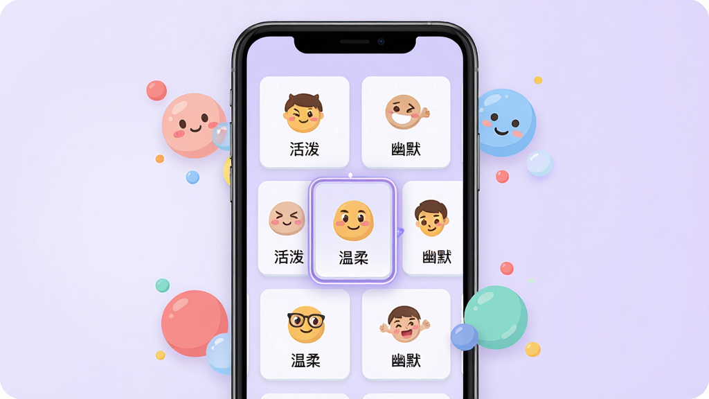 一张展示萌UU App人设切换界面的手机截图风格图片,画面中央为手机屏幕显示多个性格卡片选项,每张卡片上有不同的表情图标和文字标签如“活泼”“温柔”“幽默”,布局为手机居中、周围环绕彩色气泡装饰,风格为扁平化UI设计,细节包括选中的卡片有高亮边框、背景为淡紫色渐变,画质高清,干净,无多余元素