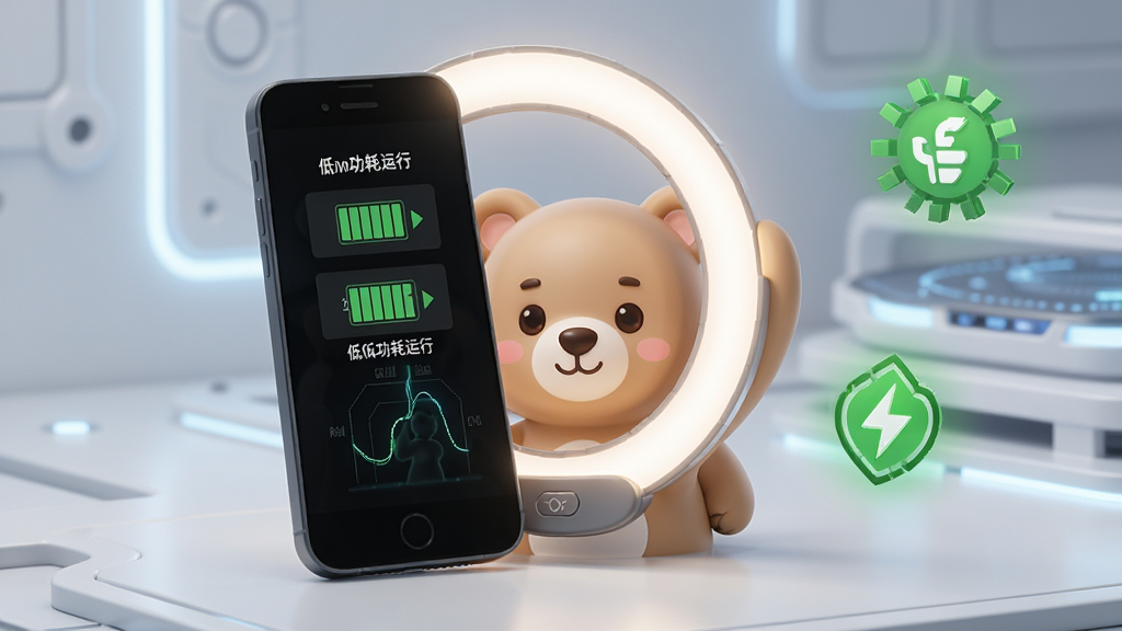 小熊自拍补光灯运行时的手机电量与温度监控示意图,屏幕显示低功耗运行状态,旁边有绿色节能标识,背景为简洁的科技风格,画面干净,画质高清,无多余装饰