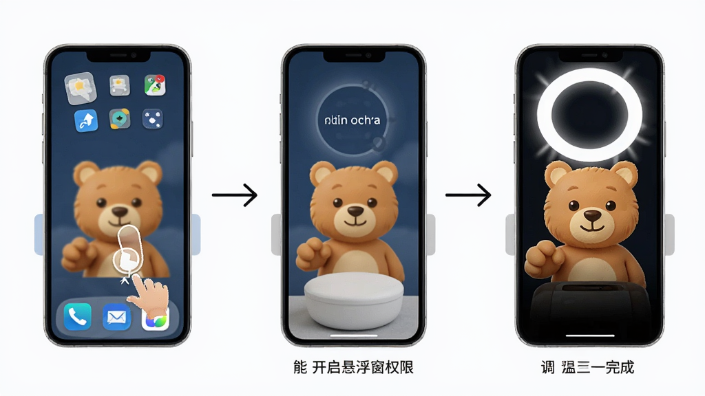 小熊自拍补光灯在手机上的操作流程图,展示从桌面图标点击进入、开启悬浮窗权限、调节亮度色温到完成自拍补光的完整步骤,界面风格简洁,画面布局清晰,画质高清,无多余元素