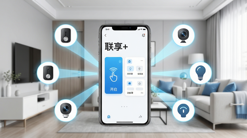 一张展示“联享+”智能生活场景的图片,画面中心是一部智能手机,屏幕上显示“联享+”APP的简洁界面,包含门禁开启按钮和设备管理卡片。手机周围环绕着智能门禁、摄像头、智能灯泡等图标,通过淡蓝色光线与手机相连。背景是温馨的现代家居环境,客厅布局整洁,色调以浅灰、白色和科技蓝为主。整体风格清新明亮,细节清晰,画质高清,干净无多余元素,突出智能互联的科技感与生活化。