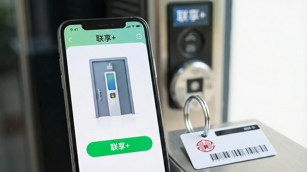 一张特写图片,画面中央是一部手机,屏幕上显示“联享+”APP的开门界面,一个醒目的绿色开门按钮位于屏幕下方。手机旁边放置着一张传统门禁卡,形成新旧对比。背景是公寓楼入口的门禁设备,虚化处理。画质清晰,光线明亮,风格简洁现代,突出“手机替代门禁卡”的便捷性,画面干净,无多余元素,文字“联享+”在手机屏幕上方清晰可见。