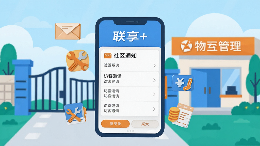 一张表现“联享+”社区服务功能的图片,画面中手机屏幕显示社区通知列表和访客邀请界面,背景是小区大门和物业管理处。画面采用扁平化插画风格,色彩明快,以蓝色和橙色为主。手机周围漂浮着信封、维修工具、缴费单等小图标,象征各项服务。画质清晰,布局简洁,文字“联享+”在屏幕上方,整体干净无杂乱元素。