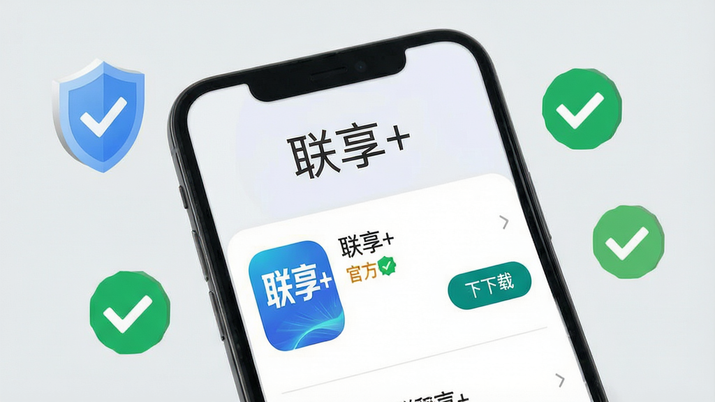一张展示“联享+”应用在手机应用商店搜索结果的图片,画面为手机屏幕截图风格,屏幕中央显示“联享+”的搜索结果,旁边有官方认证标识和下载按钮。背景是简洁的浅灰色,手机周围有安全盾牌和绿色对勾图标,象征安全下载。画质清晰,风格干净,文字“联享+”在屏幕上方,整体无多余元素。