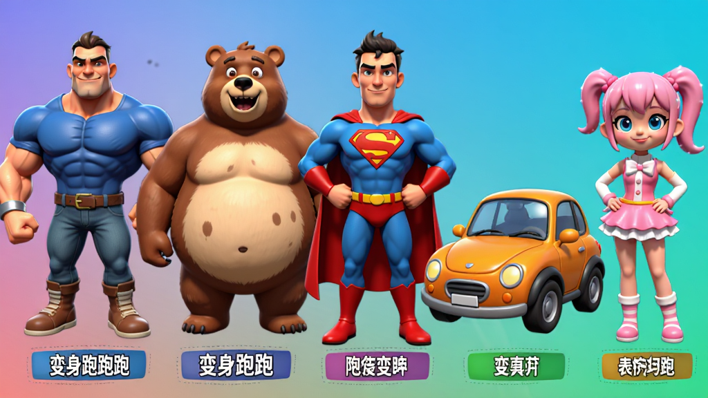 游戏界面截图风格,主体是多个不同形态的角色并排站立,包括肌肉男、胖熊、超人、小汽车、萌妹造型,布局为横向排列展示,排版上每个角色下方有对应名称标签,风格为卡通渲染,细节包括角色服装和表情各异、背景为渐变纯色,画质高清,干净,无多余元素,图片中打文字“变身跑跑跑”