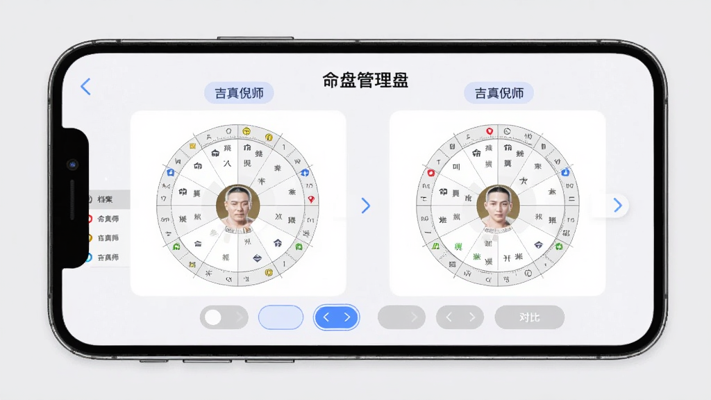 吉真倪师多盘管理界面,画面中手机屏幕显示两个命盘并排对比,上方有命盘名称标签,下方有切换按钮,背景为淡灰色,风格为极简工具类应用界面,细节包含档案列表与对比箭头,画质高清,画面干净,无多余元素