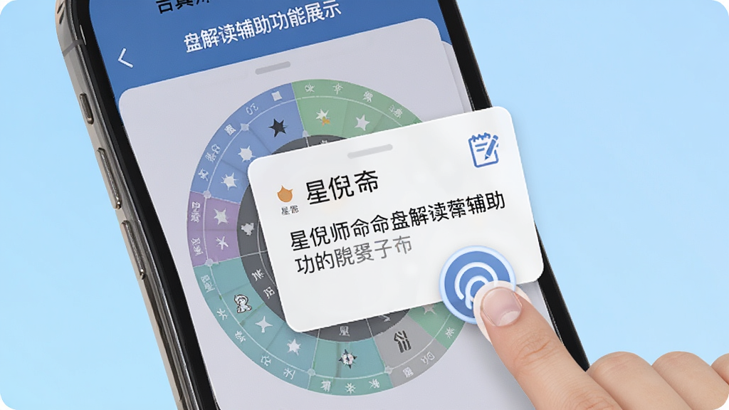 吉真倪师命盘解读辅助功能展示,画面中手机屏幕显示命盘某宫位被点击后弹出解读卡片,卡片内包含星曜名称与简要说明文字,背景为浅蓝色渐变,风格为卡片式UI设计,细节包含手指点击图标与笔记图标,画质清晰,画面干净,无多余元素