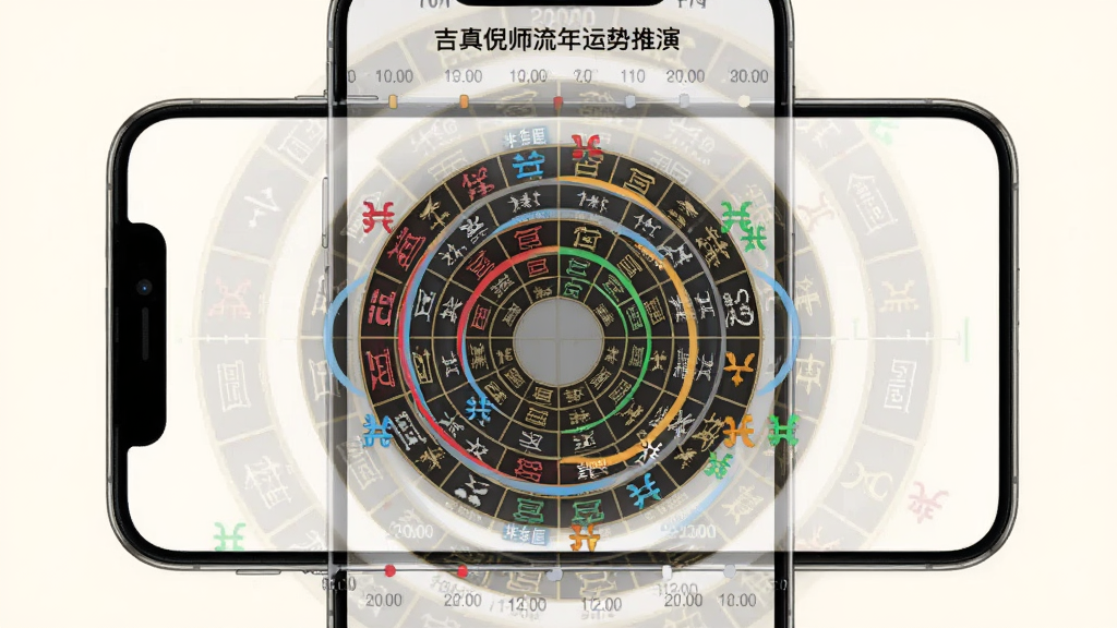 吉真倪师流年运势推演界面,画面中手机屏幕显示多层命盘叠加,流年宫位以高亮边框突出,四化星分别用红蓝绿橙四色标注,背景为柔和米白色,风格为信息图表式排版,细节包含时间轴与宫位标签,画质高清,画面干净,无多余元素