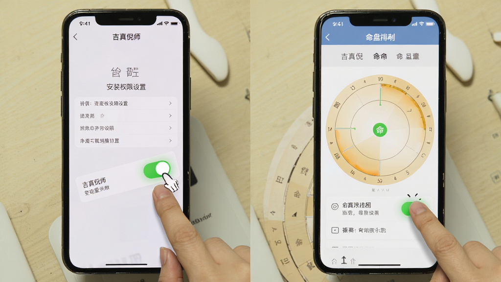 吉真倪师移动端操作示意,画面中手机屏幕显示安装权限设置页面与命盘排盘界面切换,背景为浅色桌面,风格为教程图解式,细节包含手指点击图标与权限开关高亮,画质清晰,画面干净,无多余元素