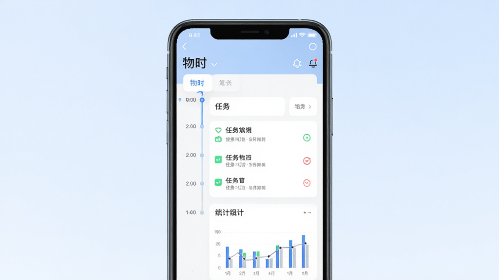 一张展示“物时”软件核心界面的手机截图,画面中央是手机屏幕,屏幕内显示“物时”应用的主页,包含时间轴、任务列表和统计图表,背景为干净的淡蓝色渐变,整体风格简洁现代,画质清晰,无多余元素