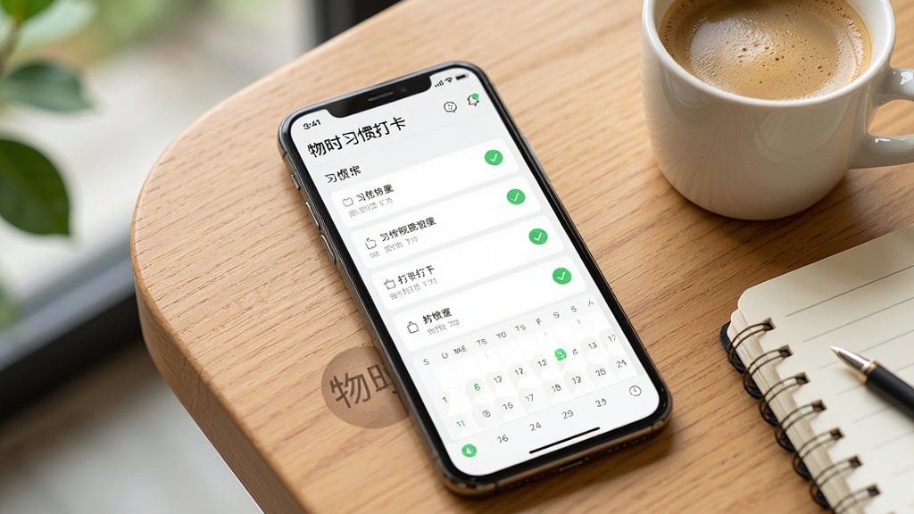 一张展示“物时”软件习惯打卡界面的图片,画面中一部手机屏幕显示习惯列表和打卡日历,每个习惯旁边有绿色对勾标记,手机放置在木质桌面上,旁边有一杯咖啡和笔记本,风格清新自然,画质明亮,无多余元素
