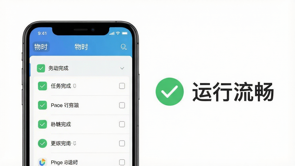 一张展示“物时”软件在手机上运行流畅的示意图,画面中手机屏幕显示任务完成列表,旁边有一个绿色对勾和“运行流畅”字样,背景为简洁的白色,风格干净清爽,画质清晰,无多余元素