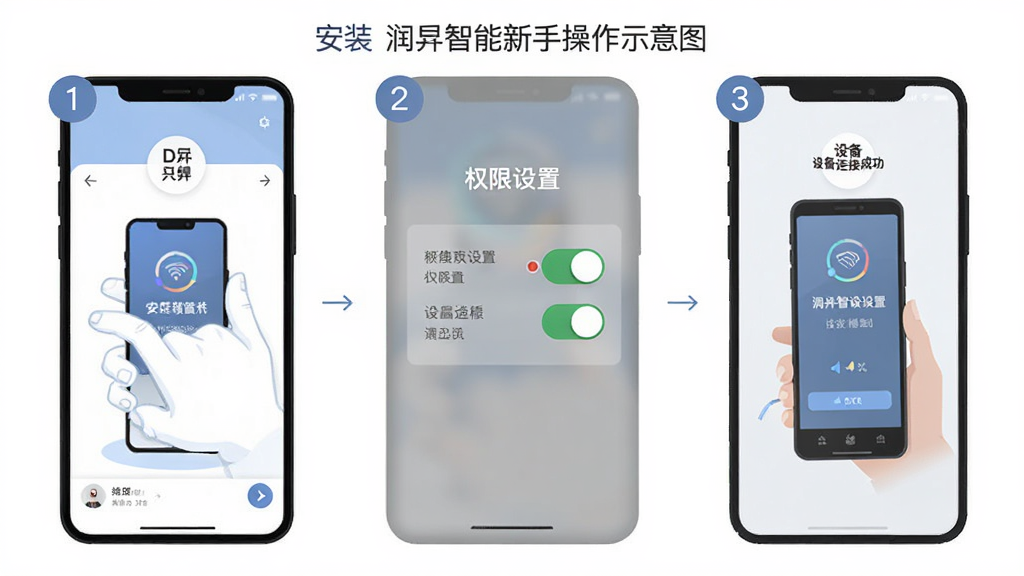 润智能新手操作示意图,画面左侧为手机安装界面,中间为权限设置开关,右侧为设备连接成功界面,布局为三步骤横向排列,风格为清爽简约的扁平插画,细节上每个步骤带有数字角标,背景为白色,干净无多余元素,画质清晰
