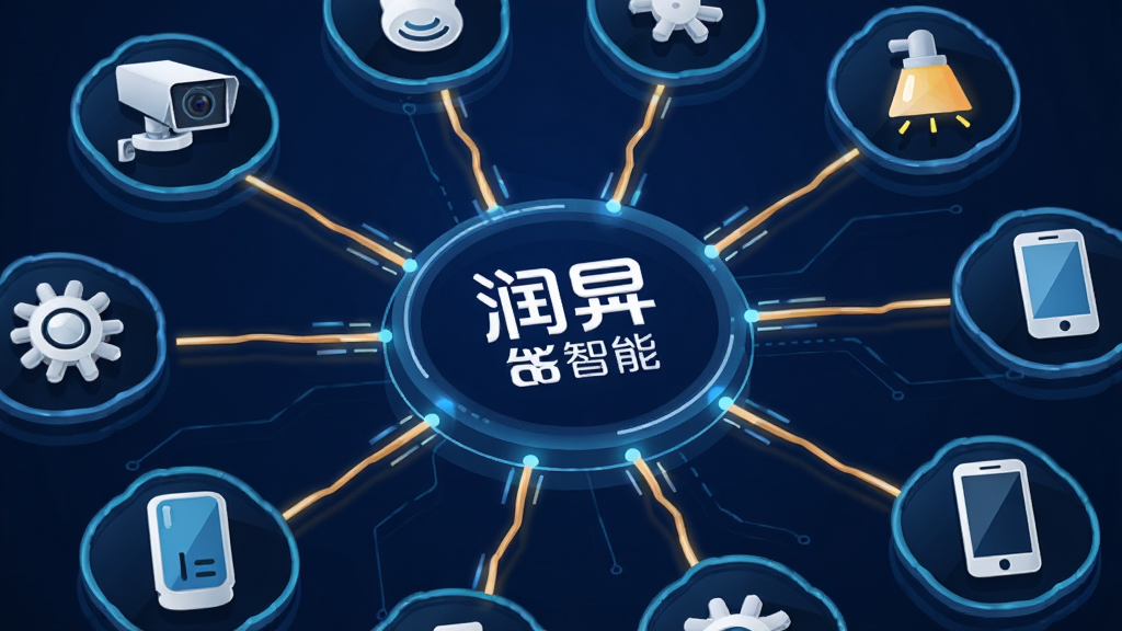 润智能应用界面特写,画面中展示多个设备图标通过线条连接到中央的润智能标识,设备图标包括摄像头、传感器、灯具和手机,布局呈放射状,风格为现代科技感矢量插画,细节上线条带有发光效果,背景为深蓝色,干净简洁,画质清晰