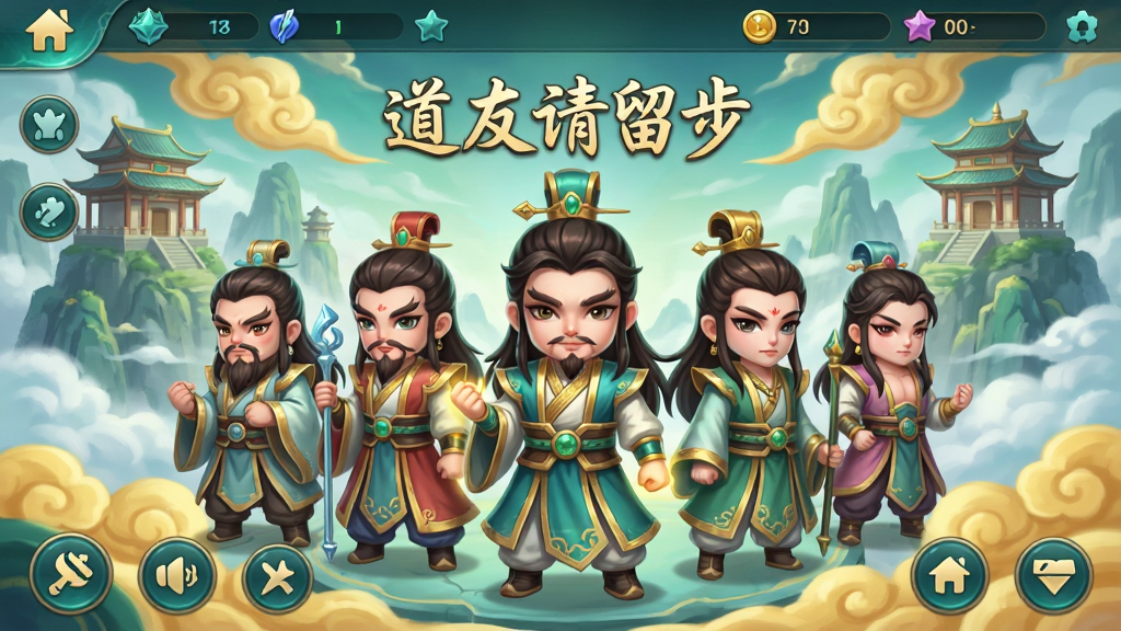一款东方神话修仙题材的卡牌手游主界面,画面中央展示多位国风Q版神仙角色并肩站立,背景是云雾缭绕的仙山楼阁与金色祥云,整体风格为唯美中国风,色彩以青绿与金色为主,布局采用横版手机游戏界面构图,细节包含角色立绘、功能按钮图标、顶部资源栏,画质高清,干净整洁,无多余元素,画面中带有“道友请留步”文字标题