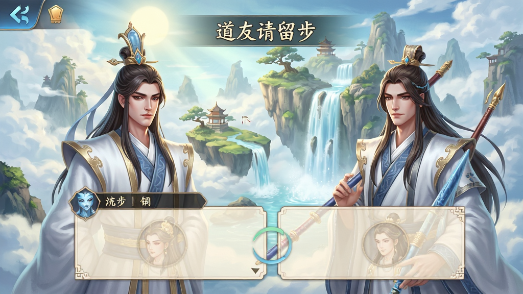 一款修仙手游的剧情对话界面,画面展示两位国风神仙角色正在对话,背景是云端仙岛与飞瀑流泉,整体风格为唯美中国风,布局采用横版手机界面,细节包含对话框、角色表情、场景光影,画质高清,干净整洁,无多余元素,画面中带有“道友请留步”文字