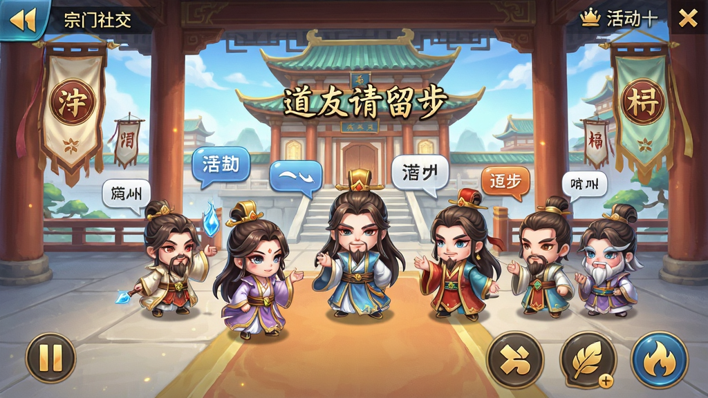 一款修仙卡牌手游的宗门社交界面,画面展示多位Q版神仙角色聚集在仙宫大殿中,周围有聊天气泡与宗门旗帜,背景是宏伟的仙家建筑,整体风格为热闹国风,布局采用横版手机界面,细节包含角色动作、宗门徽章、活动入口图标,画质高清,干净整洁,无多余元素,画面中带有“道友请留步”文字