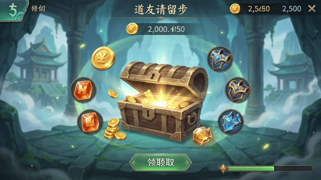 一款修仙手游的挂机收益结算界面,画面中央显示一个古朴的宝箱正在开启,周围环绕着金币、经验丹、装备碎片等资源图标,背景是仙气缭绕的洞府场景,整体风格为清新国风,布局采用竖版手机界面,细节包含领取按钮、资源数量数字、进度条,画质高清,干净整洁,无多余元素,画面中带有“道友请留步”文字