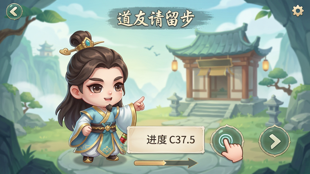 一款修仙卡牌手游的新手引导界面,画面展示一位Q版神仙角色正在指点玩家操作,背景是简洁的洞府场景,整体风格为清新国风,布局采用竖版手机界面,细节包含手指点击图标、文字提示框、进度箭头,画质高清,干净整洁,无多余元素,画面中带有“道友请留步”文字