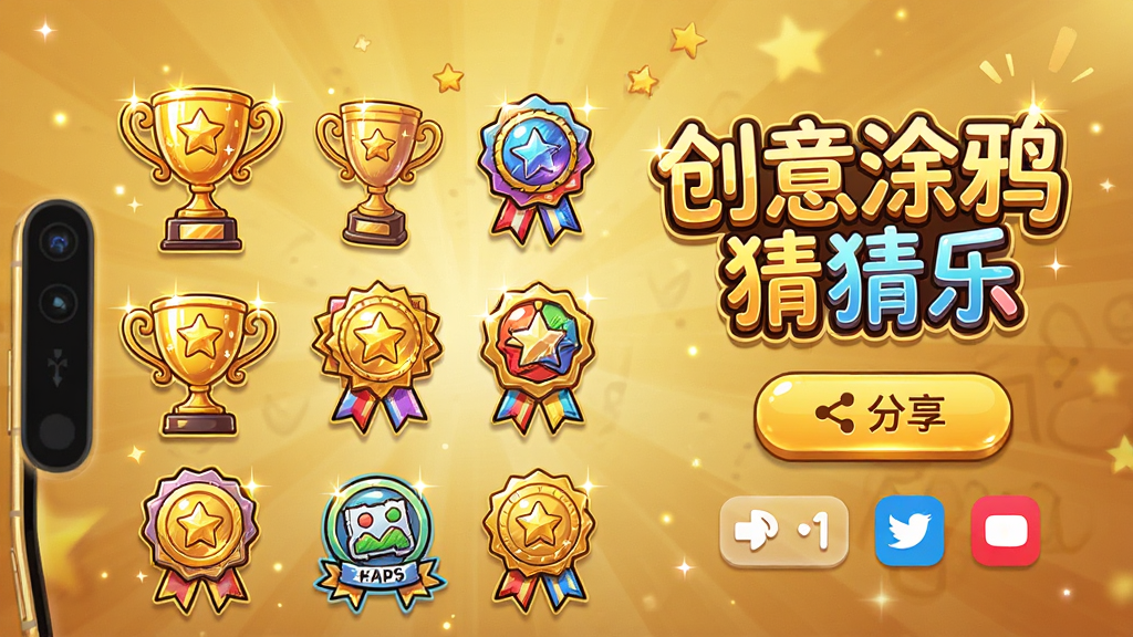 手机界面展示创意涂鸦猜猜乐的成就徽章墙,有各种闪亮的奖杯和勋章图标,旁边有分享按钮和社交平台图标,背景为温暖的金色渐变,风格精致华丽,细节丰富,画质高清,画面中带有
