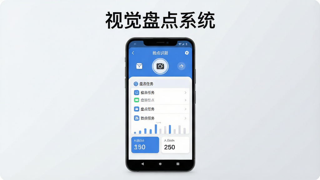 一张展示视觉盘点系统核心界面的手机应用截图样机图,主体为一部竖屏安卓手机,屏幕内显示视觉盘点系统的主操作页面,包含拍照识别按钮、盘点任务列表与数据统计卡片,布局清晰居中,背景为浅灰色渐变,风格为现代商务科技感,细节包含圆角图标、蓝色主色调按钮与白色卡片容器,画质高清干净,无多余元素,图片上方加文字标题“视觉盘点系统”