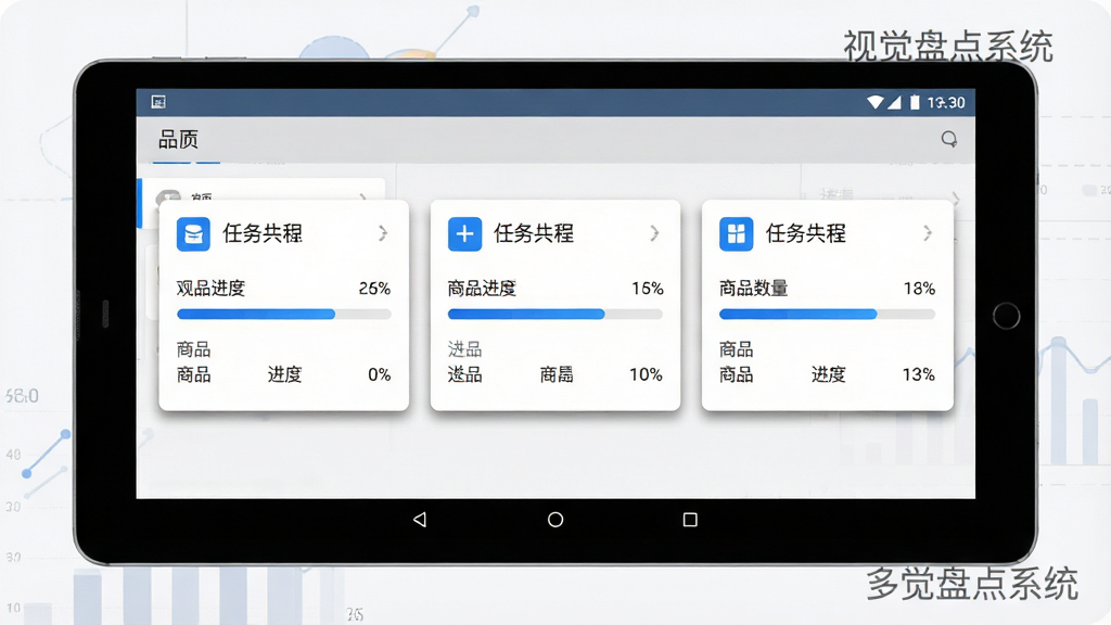 一张展示视觉盘点系统多任务管理界面的示意图,主体为安卓平板屏幕,屏幕内显示三个并排的盘点任务卡片,每个卡片包含任务名称、进度条与商品数量,布局为横向排列居中,风格为清新商务风,细节包含蓝色进度条、灰色卡片阴影与图标,画质高清干净,无多余元素,图片中加文字“视觉盘点系统”