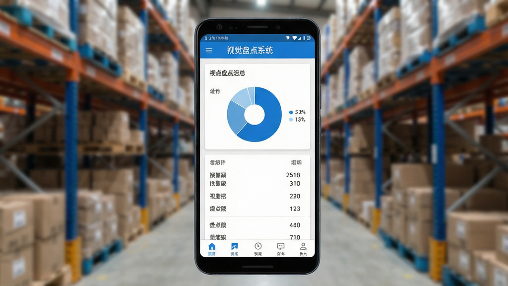 一张展示视觉盘点系统在安卓手机上运行状态的实拍风格图,主体为手机屏幕显示盘点数据汇总页面,包含饼图与数字列表,布局为手机居中、背景为仓库货架虚化,风格为写实商务,细节包含蓝色数据图表、白色背景卡片与底部导航栏,画质高清干净,无多余元素,图片中加文字“视觉盘点系统”